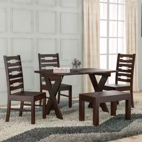 SAINI HOME DECOR Solid Sheesham Wood 4 Seater Dining Table Set with 3 Chairs & 1 Bench for Dining Room, Hotel, 4 Seater Dining Table, Solid Wood Dining Table, Dining Room Set, Walnut Finish