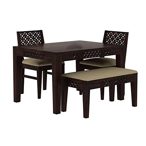 SAINI HOME DECOR Solid Sheesham Wood CNC 4 Seater Dining Set with 2 Cushion Chair & 1 Bench, Wooden Dining Table with Chairs for Living Room Home, Wooden Dining Table Set, Walnut Finish