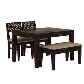 SAINI HOME DECOR Solid Sheesham Wood CNC 4 Seater Dining Set with 2 Cushion Chair & 1 Bench, Wooden Dining Table with Chairs for Living Room Home, Wooden Dining Table Set, Walnut Finish