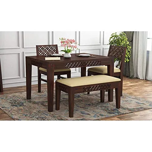 SAINI HOME DECOR Solid Sheesham Wood CNC 4 Seater Dining Set with 2 Cushion Chair & 1 Bench, Wooden Dining Table with Chairs for Living Room Home, Wooden Dining Table Set, Walnut Finish