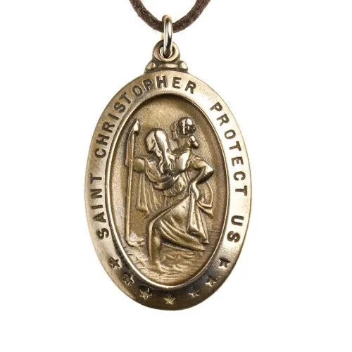 Saint Christopher Peace Bronze Pendant Necklace on Adjustable Natural Fiber Cord (Wholesale)