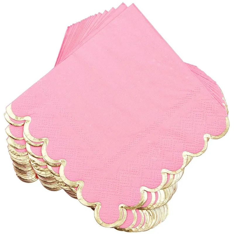 Scalloped Pink and Gold Foil Paper Napkins for Bridal Shower (5 x 5 In, 100 Pack)