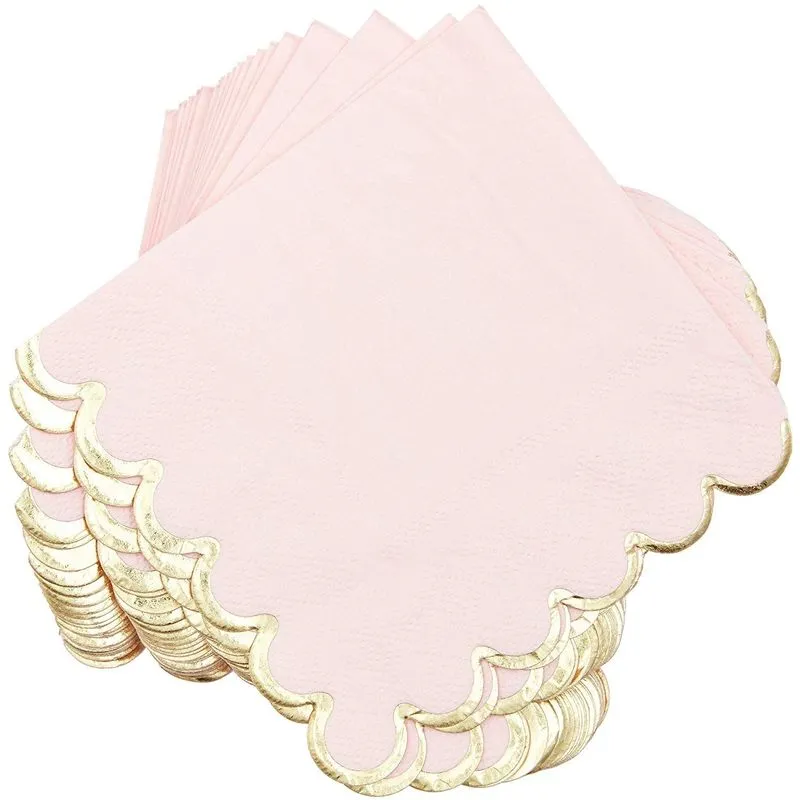 Scalloped Pink and Gold Foil Paper Napkins for Bridal Shower (5 x 5 In, 100 Pack)