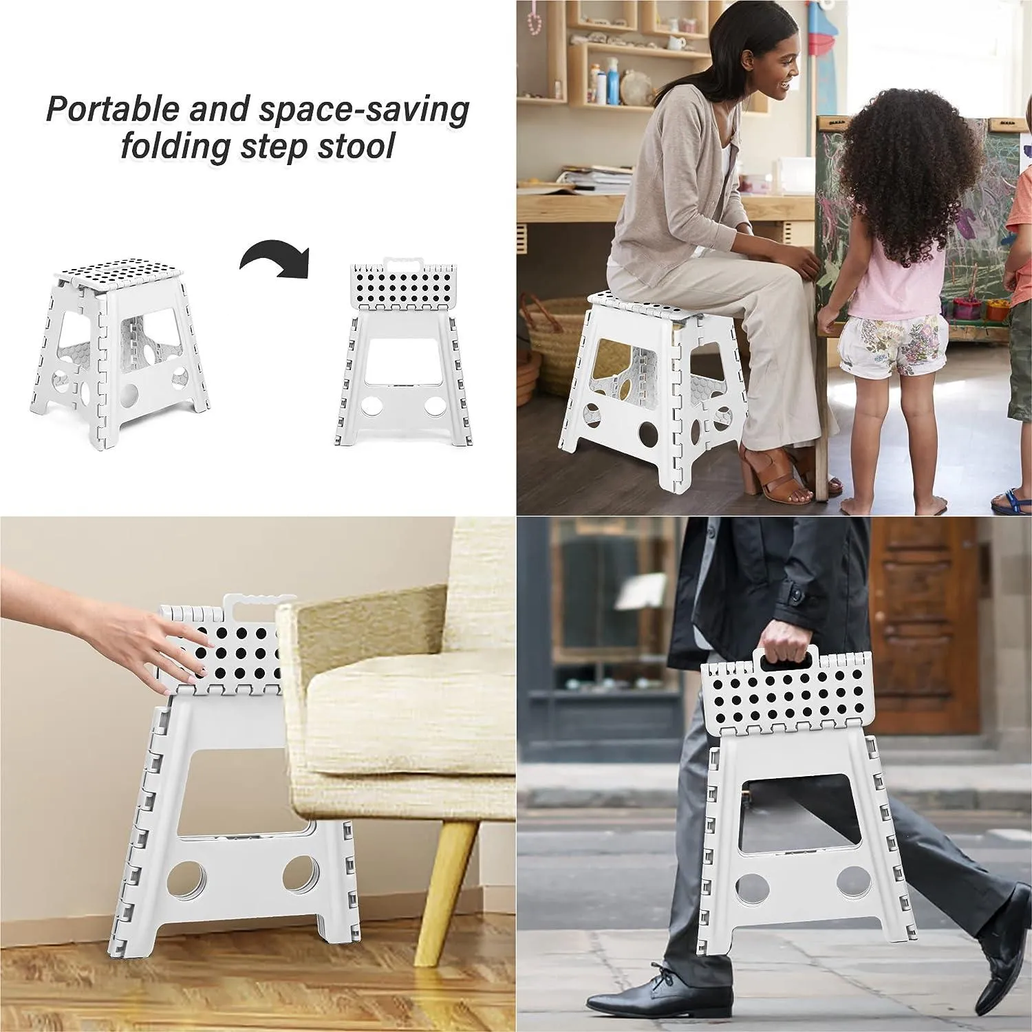 Set of 2 Folding Step Stool 15.7" with Non-Slip Surface and Portable Handle, White