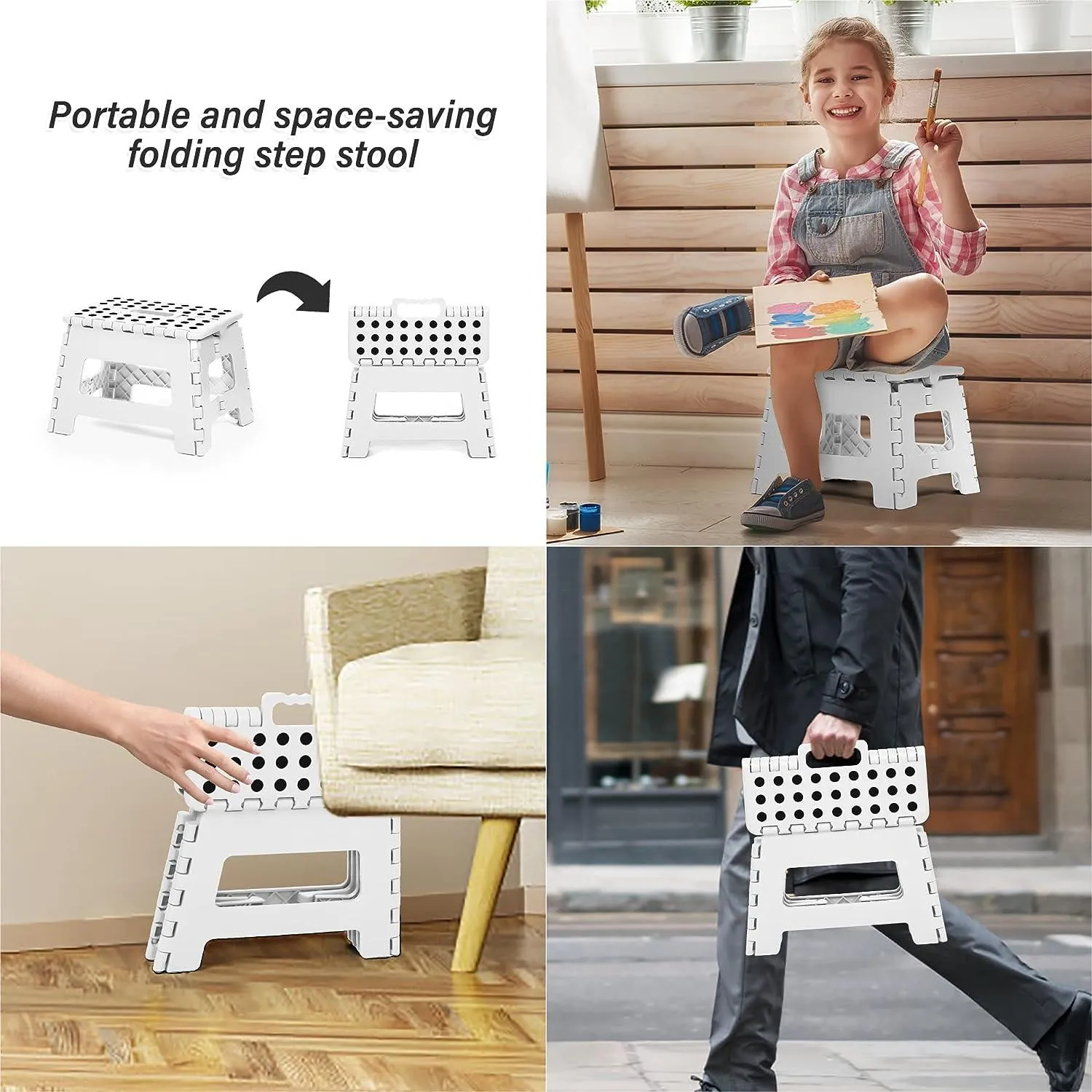 Set of 2 Folding Step Stool 8.7" with Non-Slip Surface and Portable Handle, White