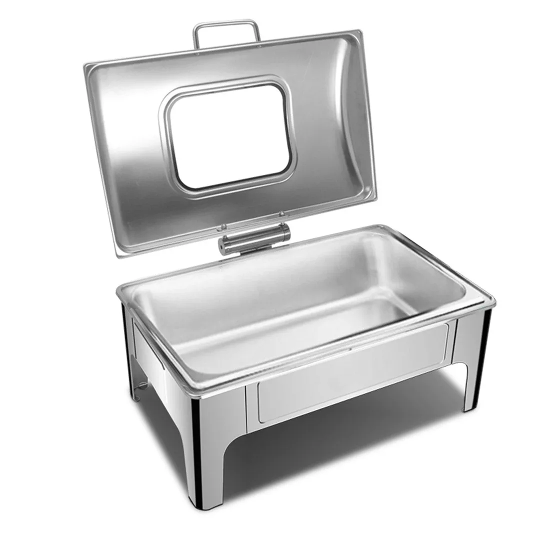 SOGA 9L Rectangular Stainless Steel Soup Warmer Roll Top Chafer Chafing Dish Set with Glass Visual Window Lid