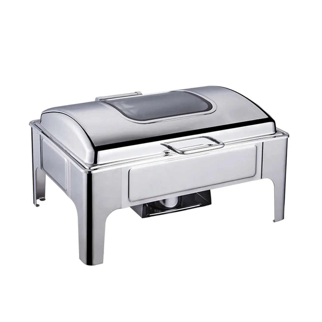 SOGA 9L Rectangular Stainless Steel Soup Warmer Roll Top Chafer Chafing Dish Set with Glass Visual Window Lid