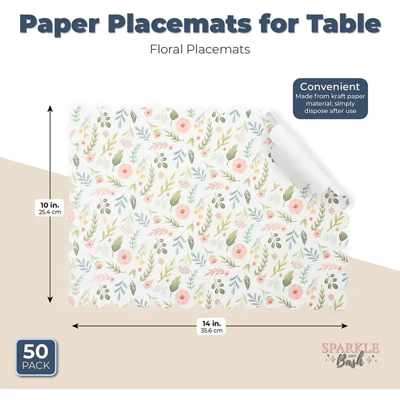 Sparkle and Bash Paper Placemats for Table, Floral Placemats (14 x 10 in, 50 Pack)