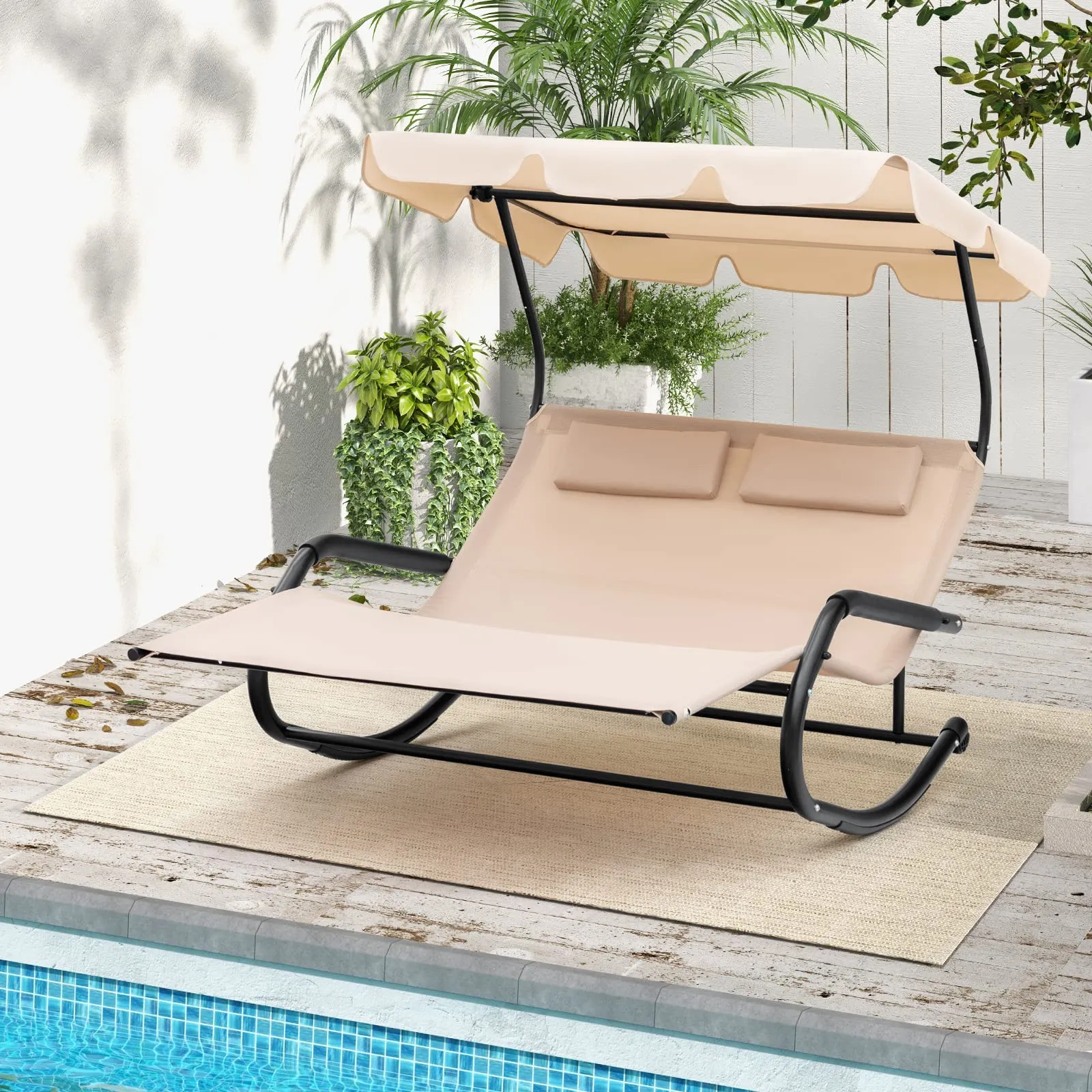 Tangkula 2 Person Lounge Chair with Adjustable Canopy, Outdoor Chaise Lounge with 2 Detachable Pillows and Wheels