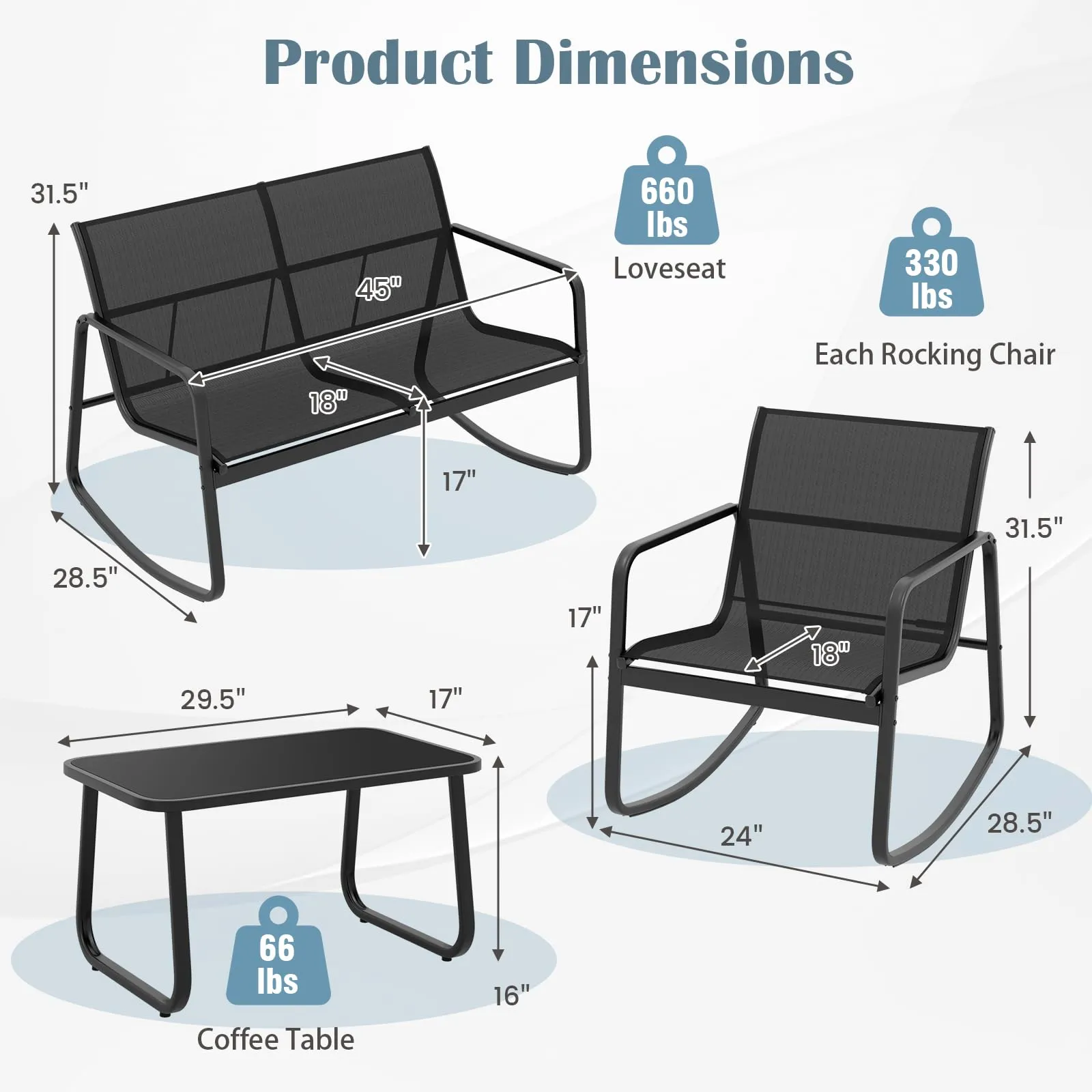 Tangkula 4 Piece Patio Rocking Set, 2 Rocking Chairs & Loveseat with Glass-Top Table