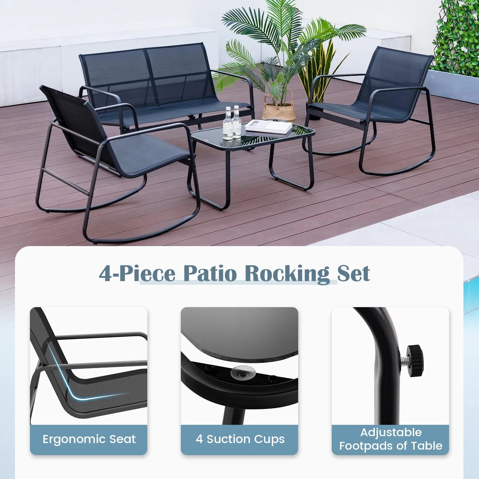 Tangkula 4 Piece Patio Rocking Set, 2 Rocking Chairs & Loveseat with Glass-Top Table