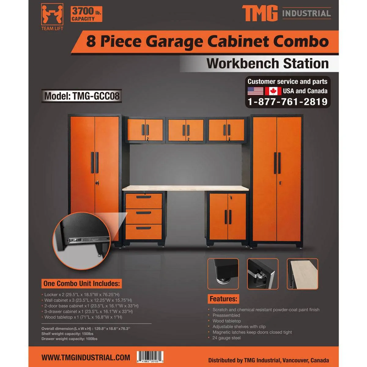 TMG Industrial 8-Piece Garage Storage Cabinet Combo Set - Heavy-Duty Fully-Welded Workbench Station with Pre-Sealed Wooden Tabletop, Lockers, Adjustable Leveling Feet, and Matte Black Powder Coated Finish - Model TMG-GCC08