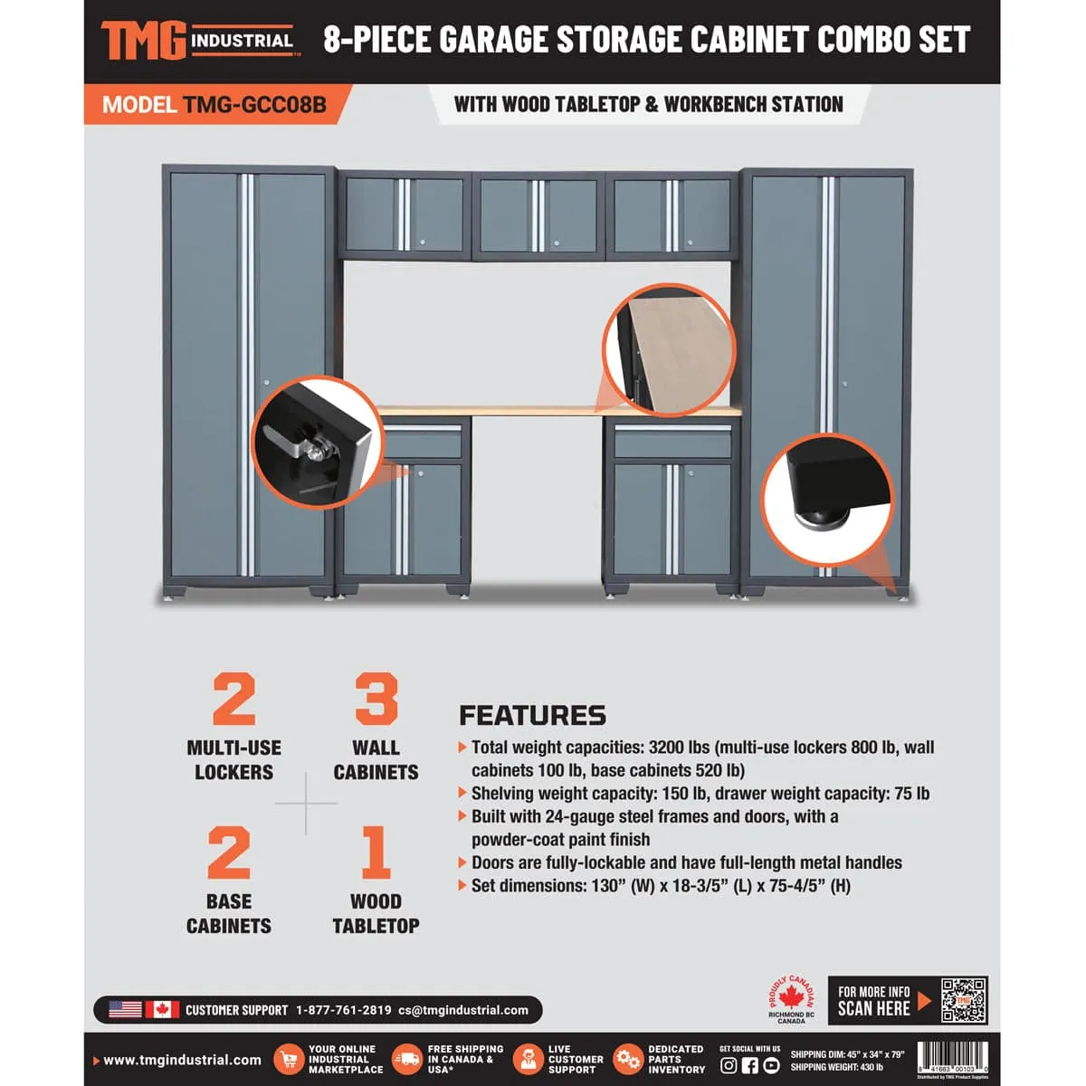 TMG Industrial Pro Series 8-Piece Garage Storage Cabinet Combo Set, Rubber Wood Tabletop, Recessed Aluminum Handles, TMG-GCC08B