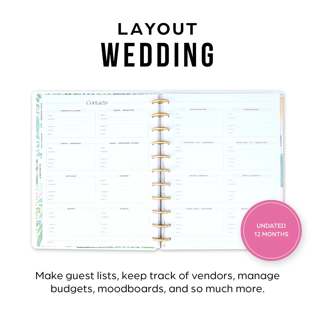 Undated Garden Wedding Planner - Big Wedding Layout - 12 Months