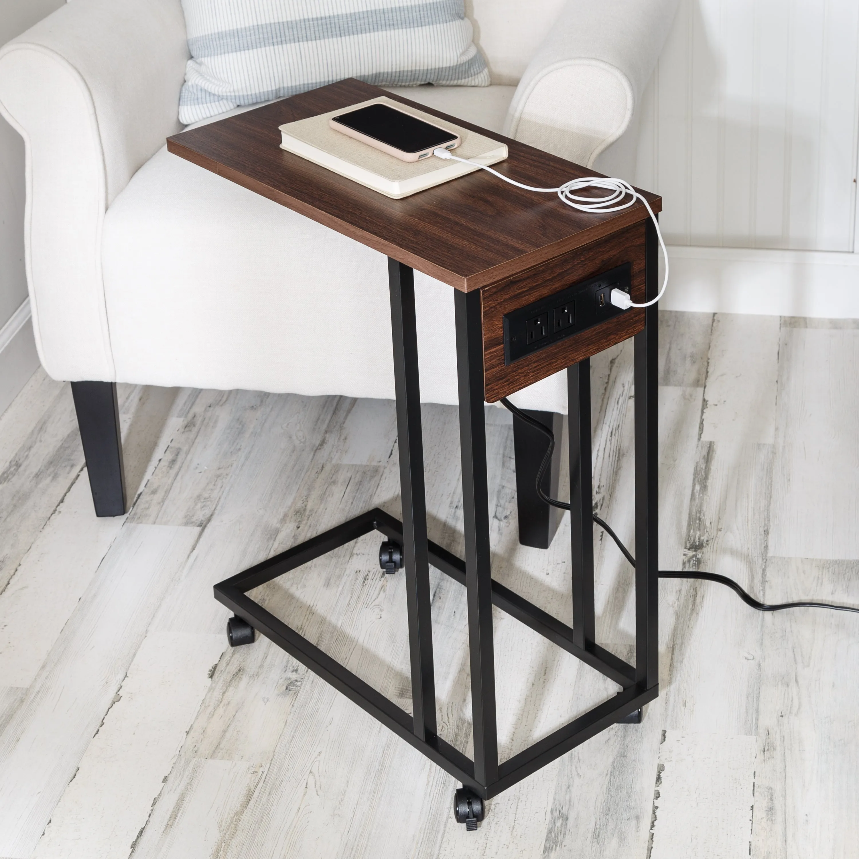 Walnut/Black C-Shaped Side Table with Outlets and Wheels