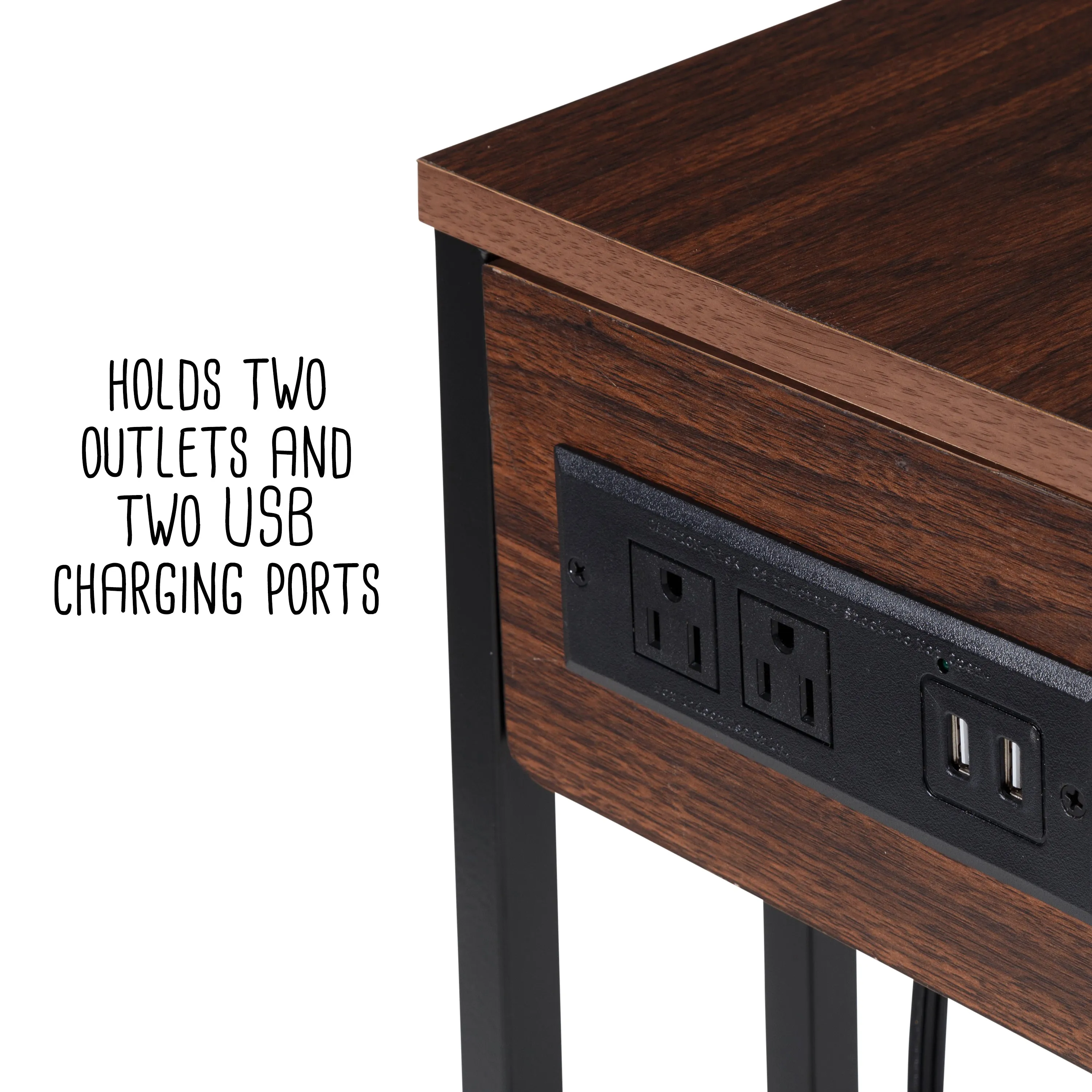 Walnut/Black C-Shaped Side Table with Outlets and Wheels