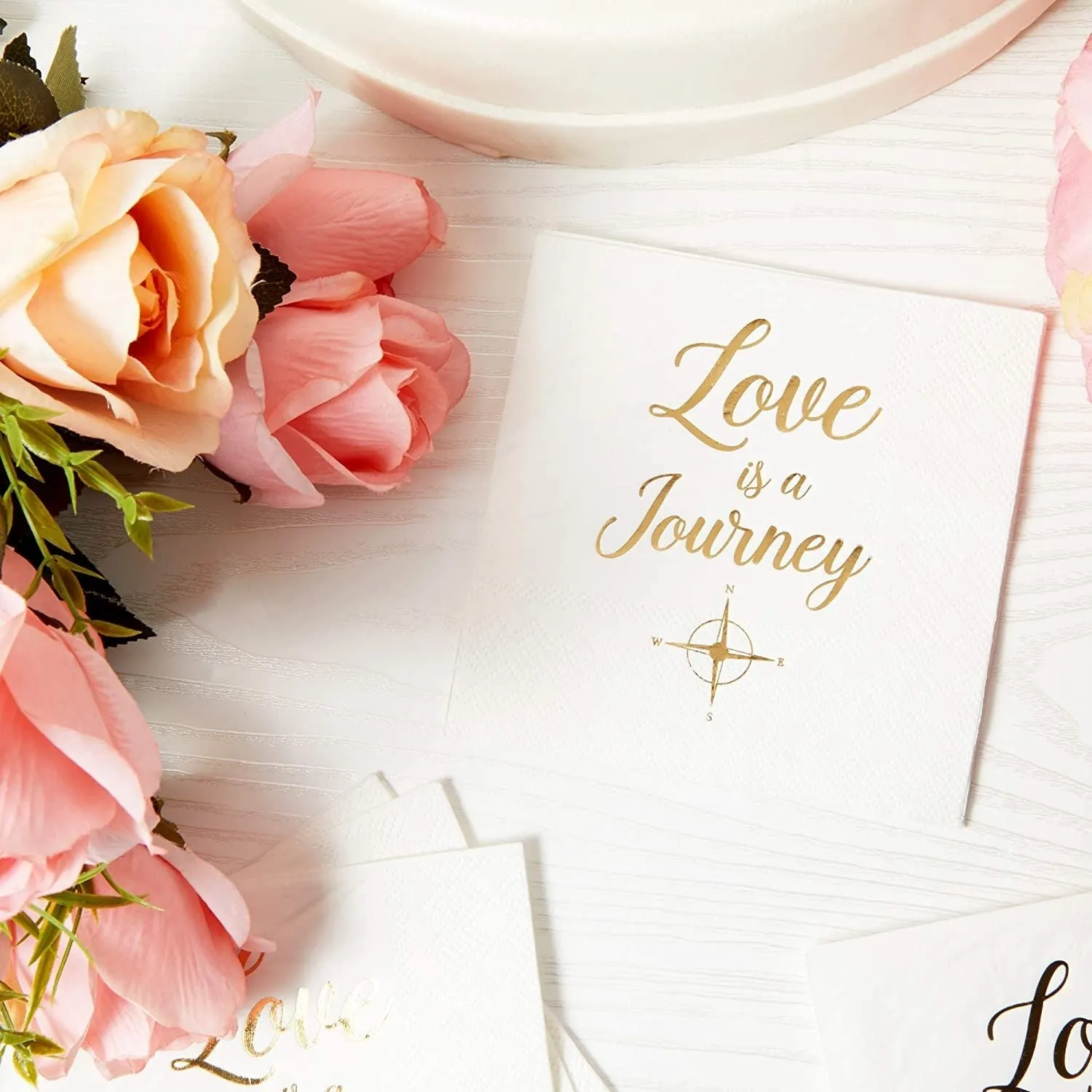 Wedding Cocktail Napkins, Love is a Journey, Gold Foil (5 x 5 In, 100 Pack)