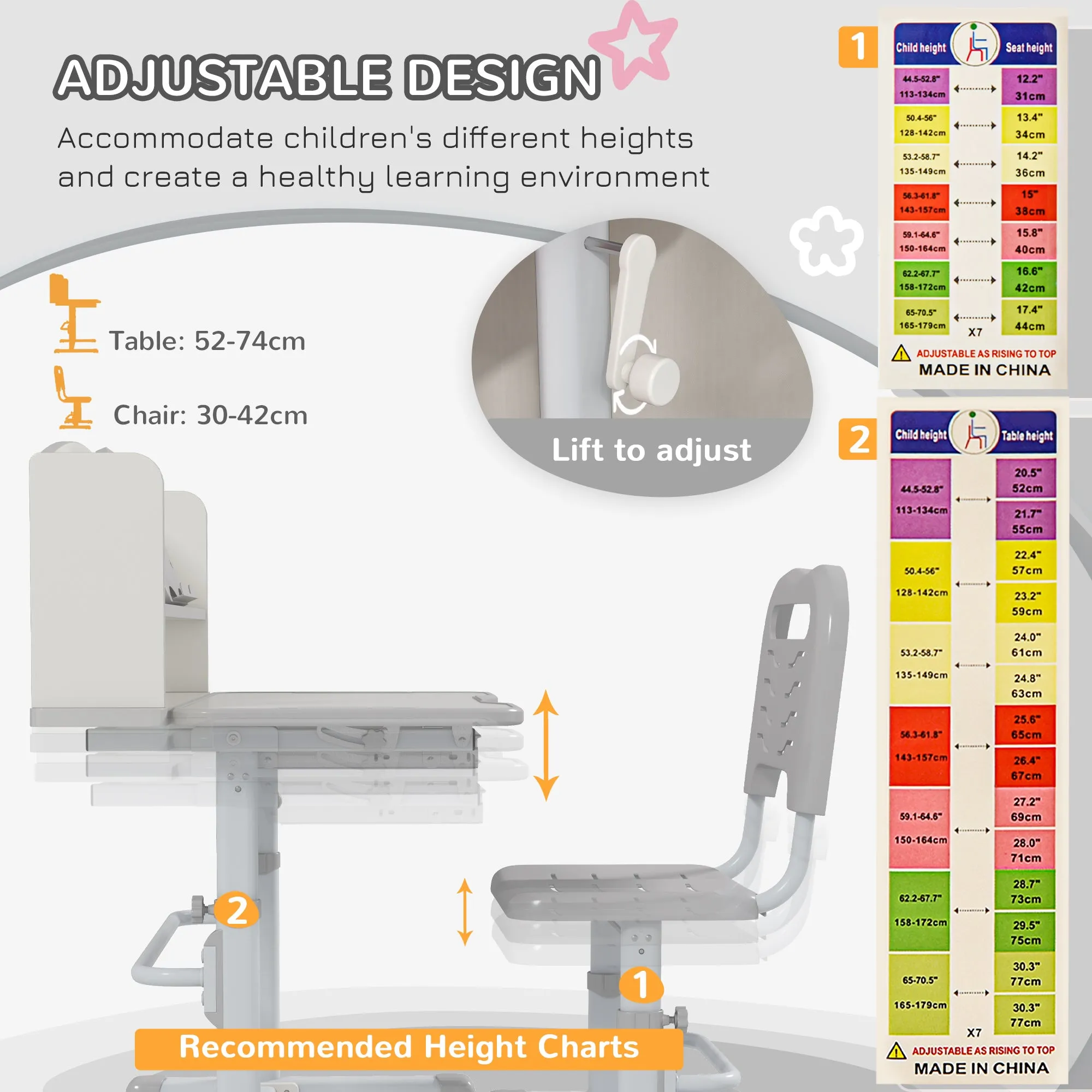 ZONEKIZ Grey Height Adjustable Kids Desk and Chair Set, with Drawer, Bookshelf