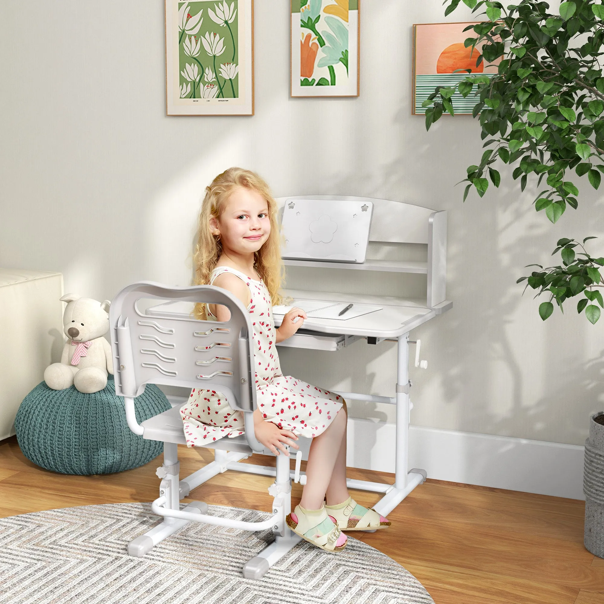 ZONEKIZ Grey Height Adjustable Kids Desk and Chair Set, with Drawer, Bookshelf