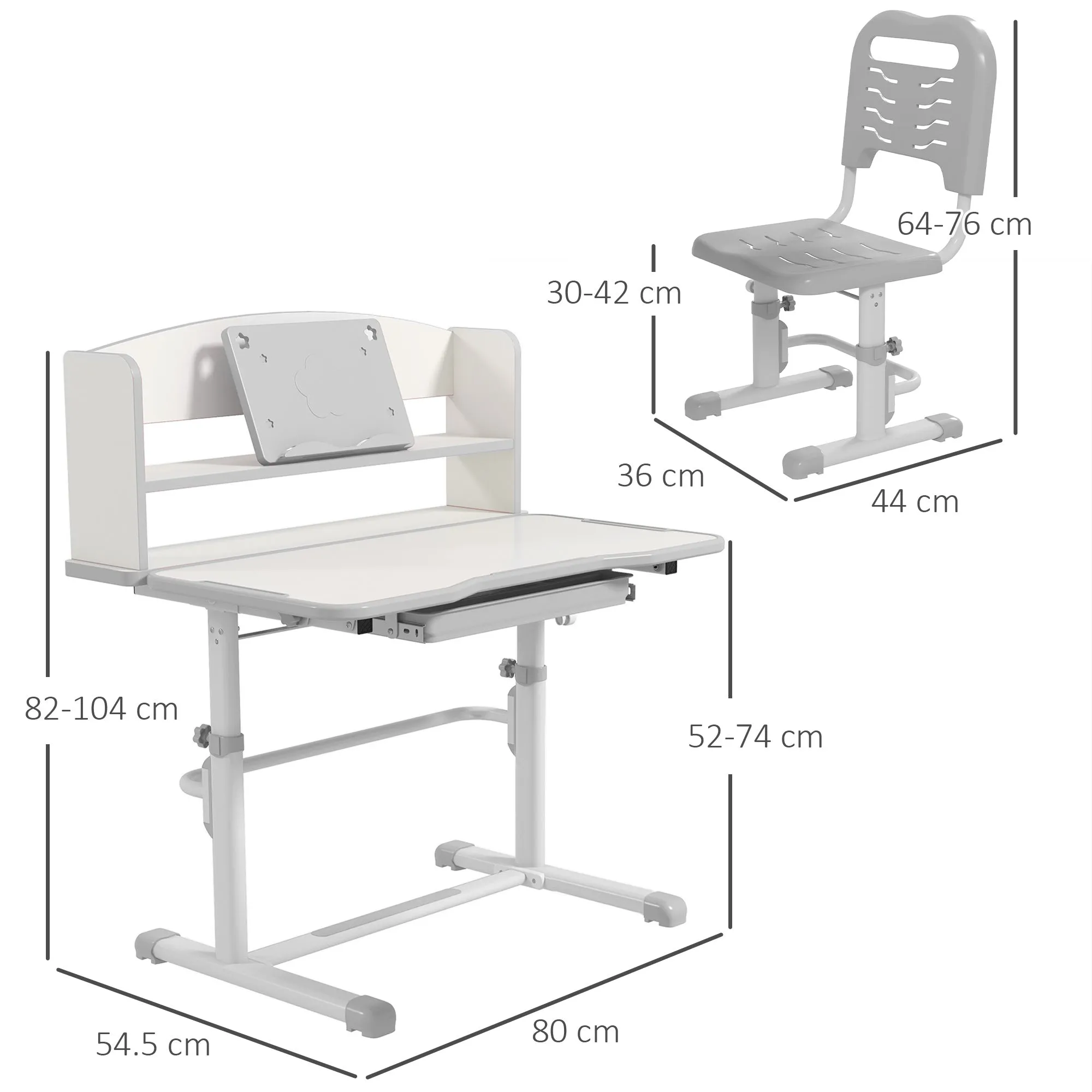 ZONEKIZ Grey Height Adjustable Kids Desk and Chair Set, with Drawer, Bookshelf