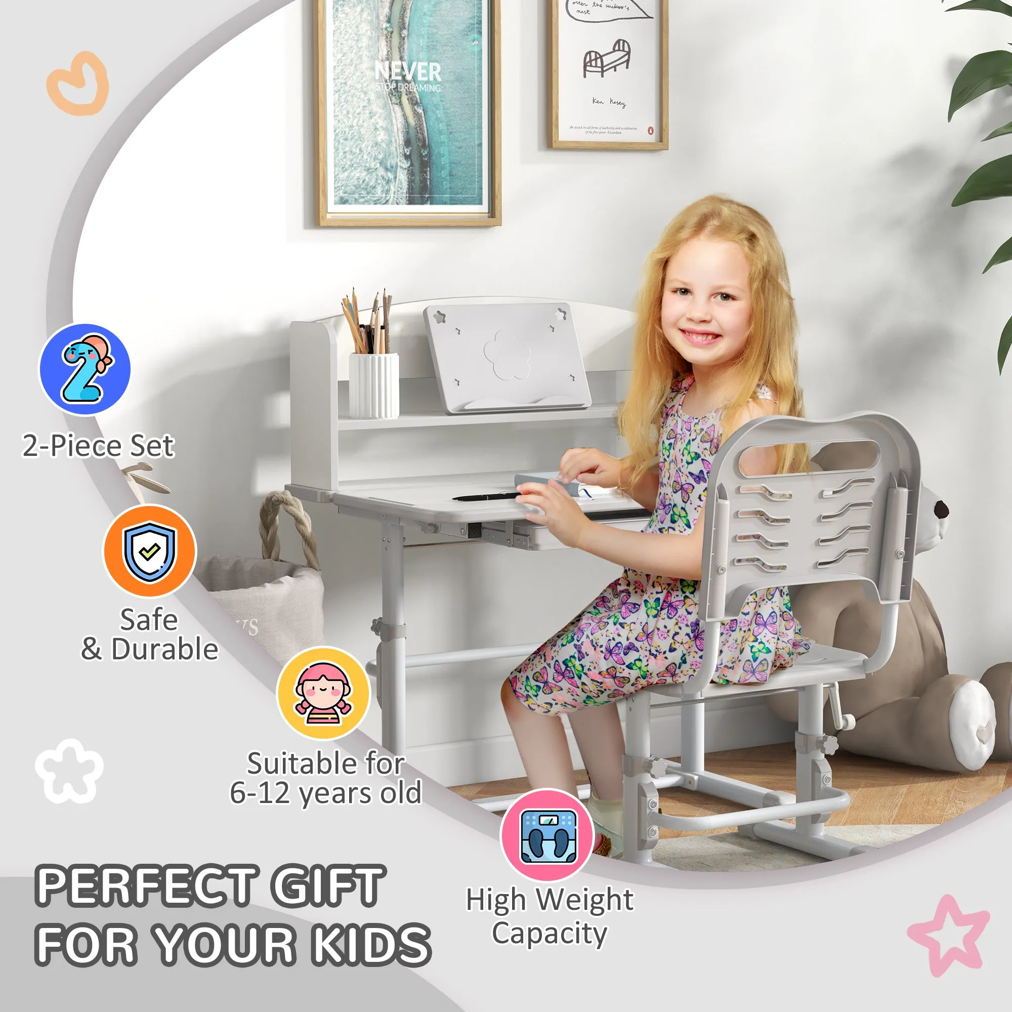 ZONEKIZ Grey Height Adjustable Kids Desk and Chair Set, with Drawer, Bookshelf